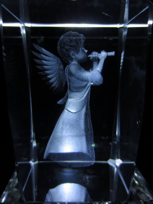 3D Kristal Lasergegraveerd Blok - Engel met Fluit