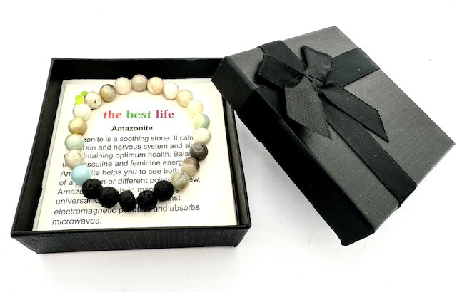 8mm Amazonite and Lava Stone Gemstone Bracelet – Gift Box Included