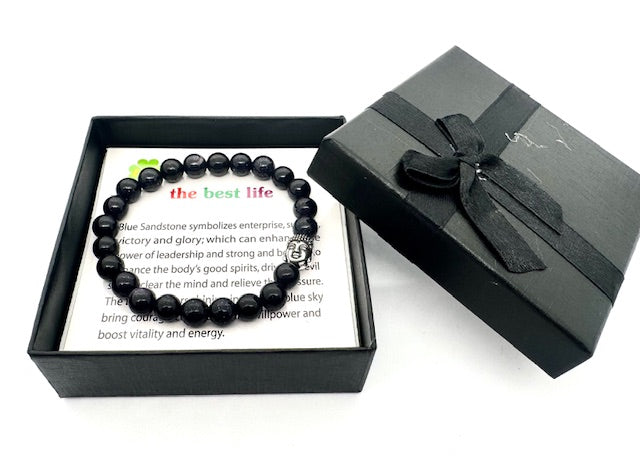 8mm Boeddha Blauwe Zandsteen Armband – Inclusief Cadeaubox