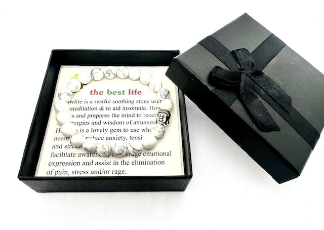 8mm Boeddha White Howlite Armband – Inclusief Cadeaubox