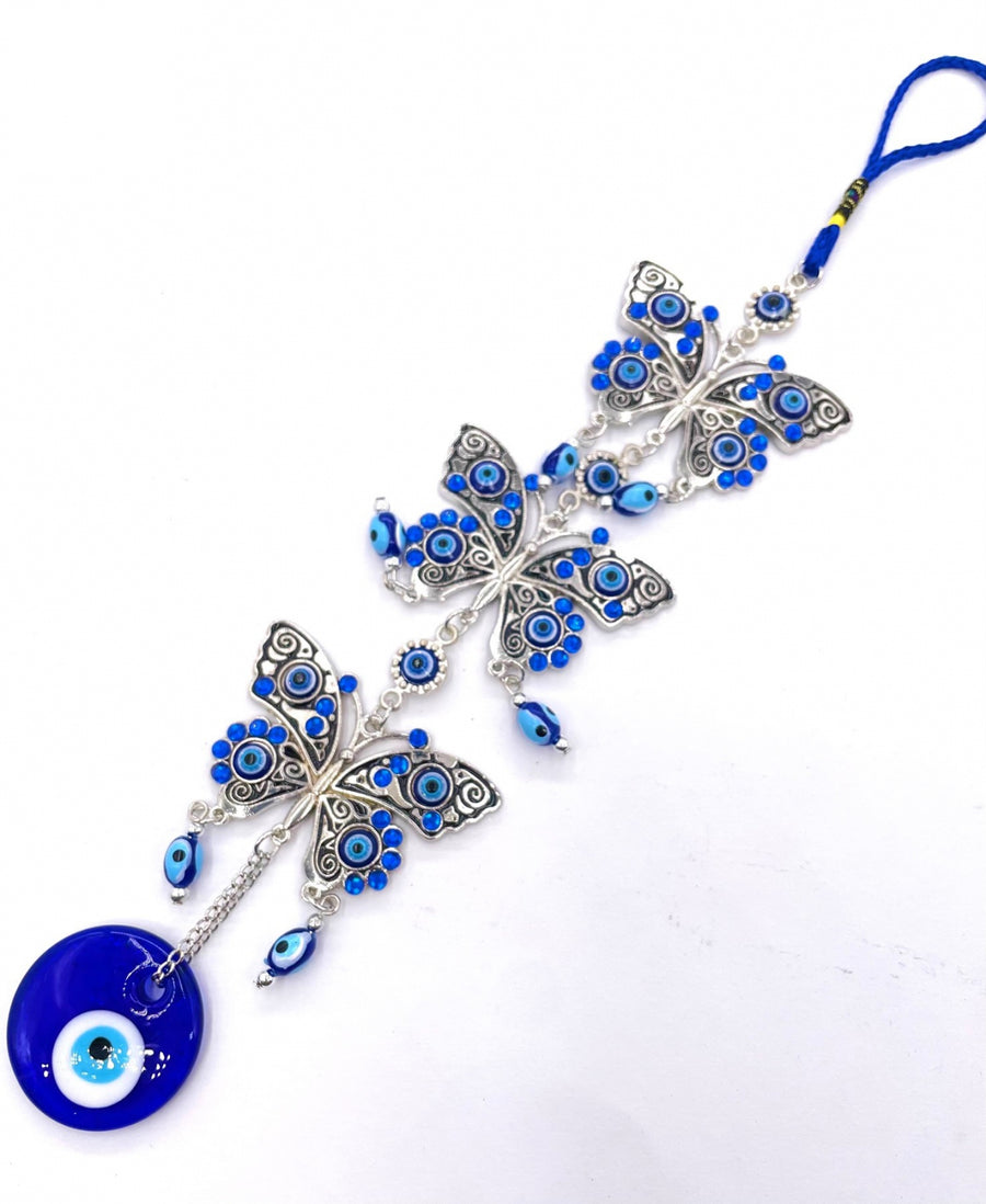 Blauwe Boze Oog Hanger met 3 Vlinders