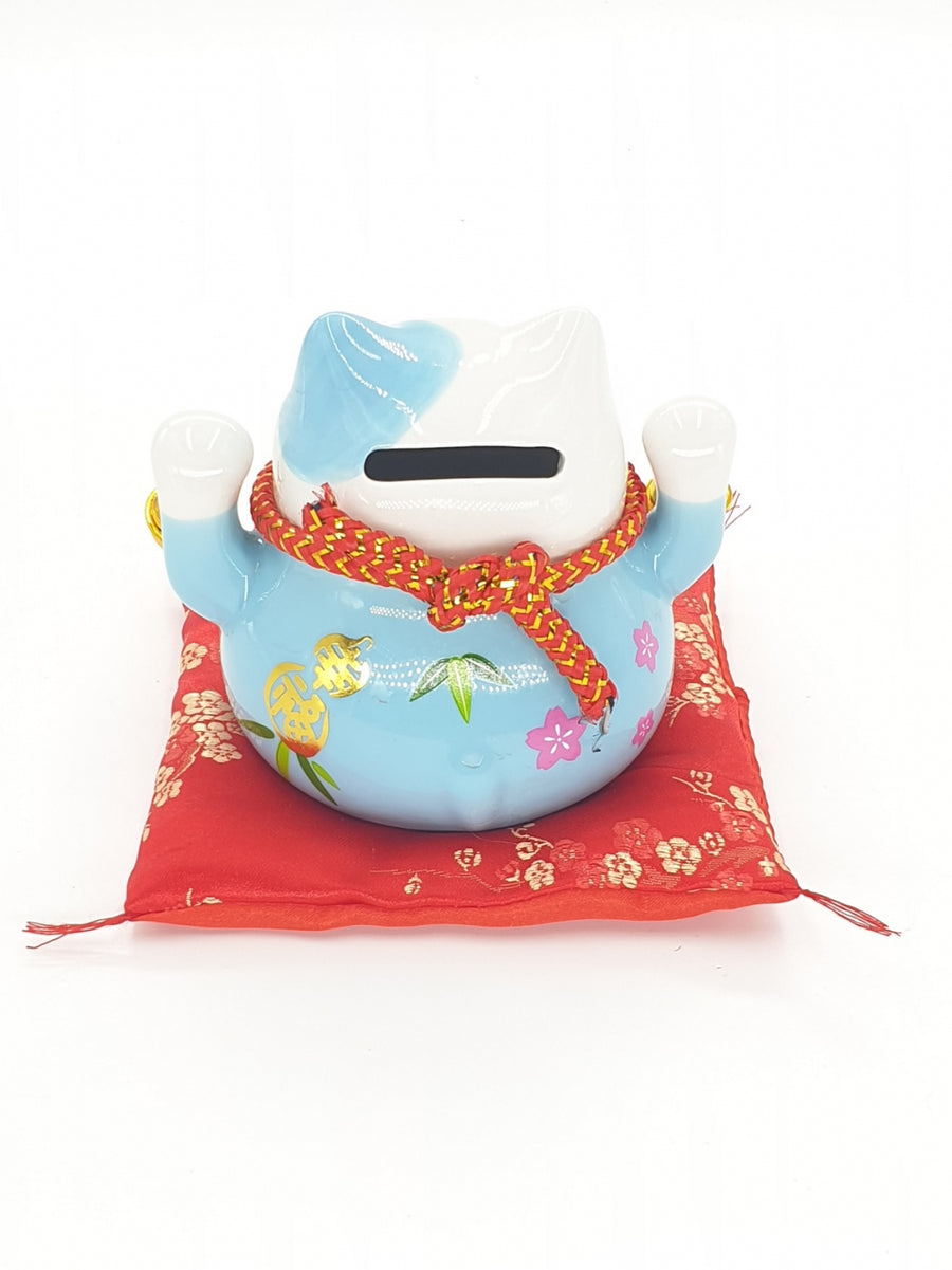 Lucky Cat Spaarpot op Kussen met 2 Bellen (Blauw)