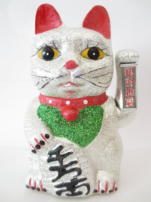 Gelukskat Glitter Zilver met Beweegbare Arm (Medium)