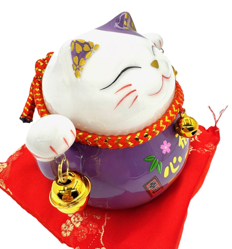 Lucky Cat Spaarpot op Kussen met 2 Bellen (Paars)