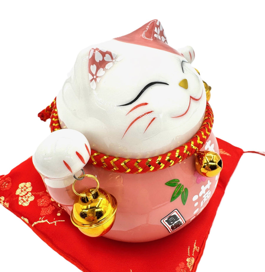 Lucky Cat Spaarpot op Kussen met 2 Bellen (Roze)