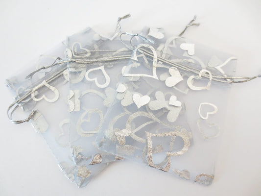 Organza Zakjes Hartjes Zilver - 13cm x 20cm