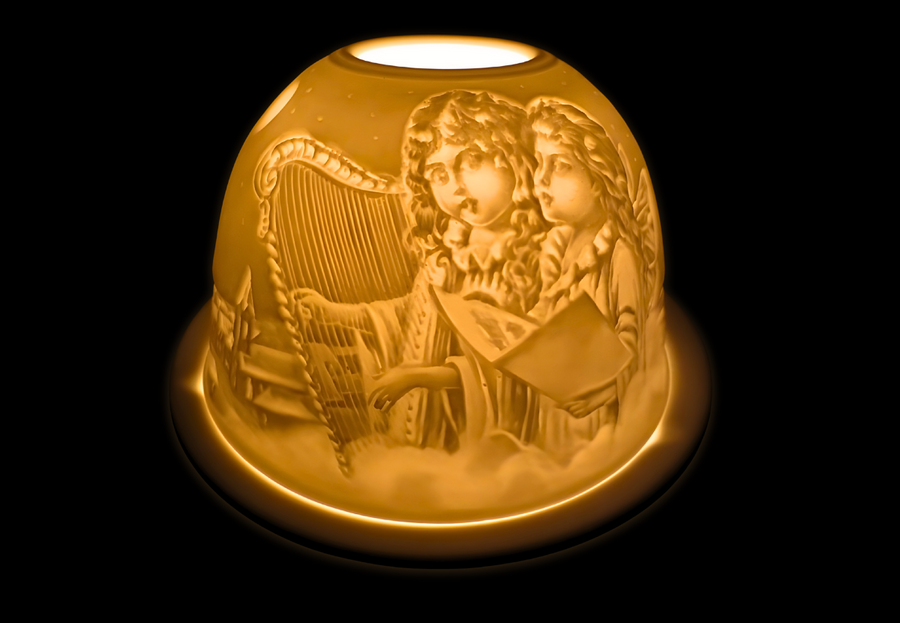 Porcelein Theelichthouder 2 Cupido's muziek 9 cm