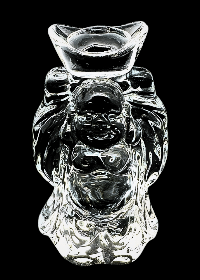 Staande Happy Boeddha van kristalglas met schaal – 15,5 cm