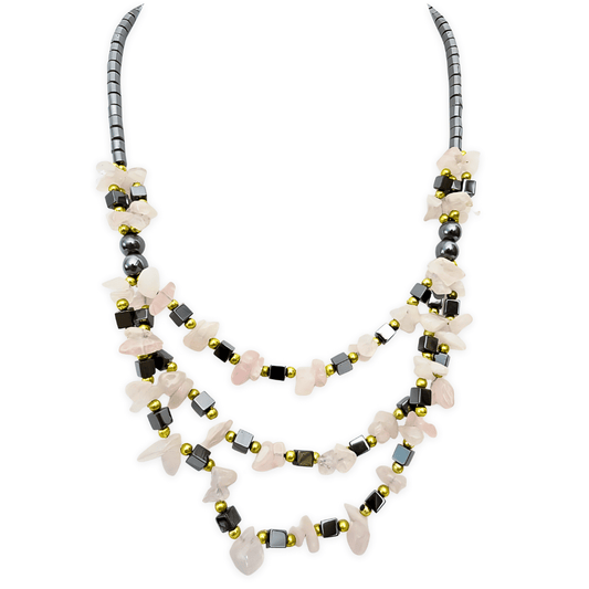 stenen en hematietketting Rozenkwarts 3 lagen