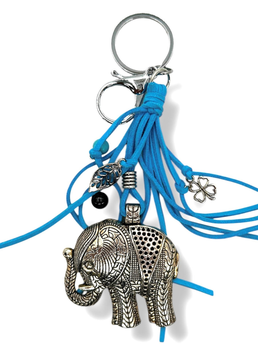 Groothandel Metalen Olifant Sleutelhanger met Blauwe Kwastjes