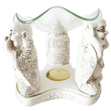 3 blije boeddha's 'horen, zien, zwijgen' oliebrander wit