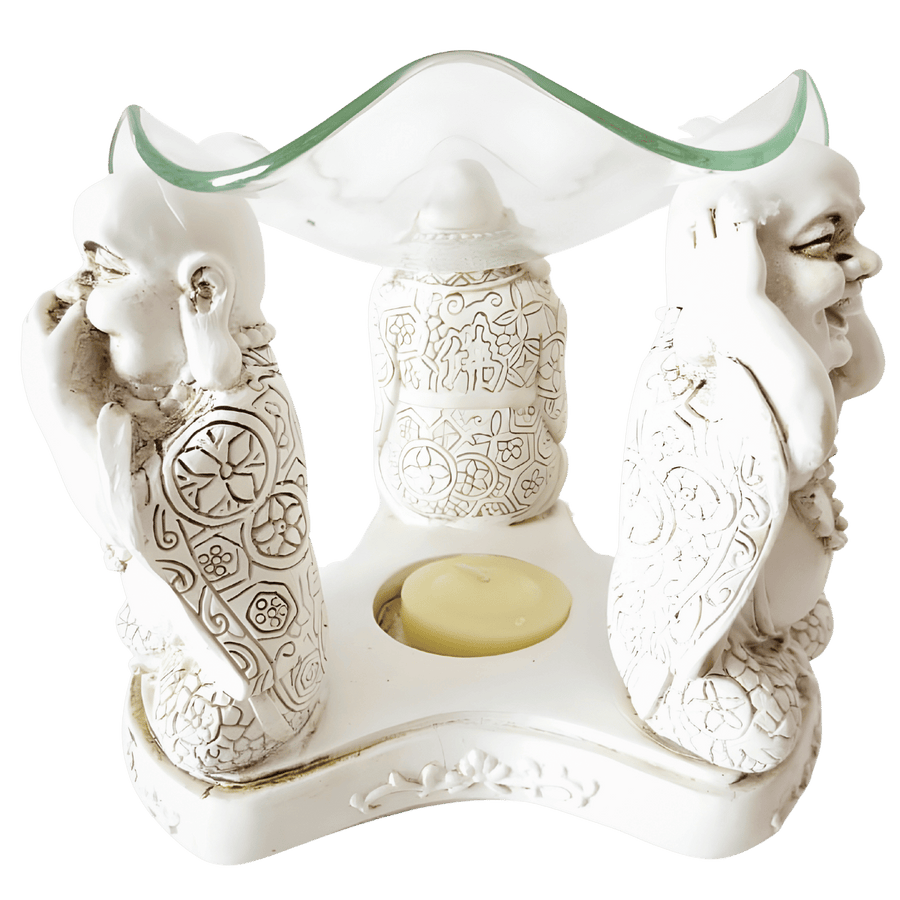 3 blije boeddha's 'horen, zien, zwijgen' oliebrander wit