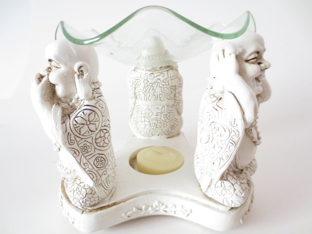 3 gelukkige boeddha's 'horen, zien, zwijgen' oliebrander humor