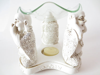 3 gelukkige boeddha's 'horen, zien, zwijgen' oliebrander humor