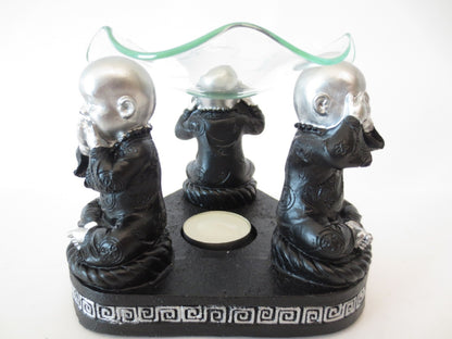 3 monnik, horen, zien,zilver/zwartbe stille oliebrander