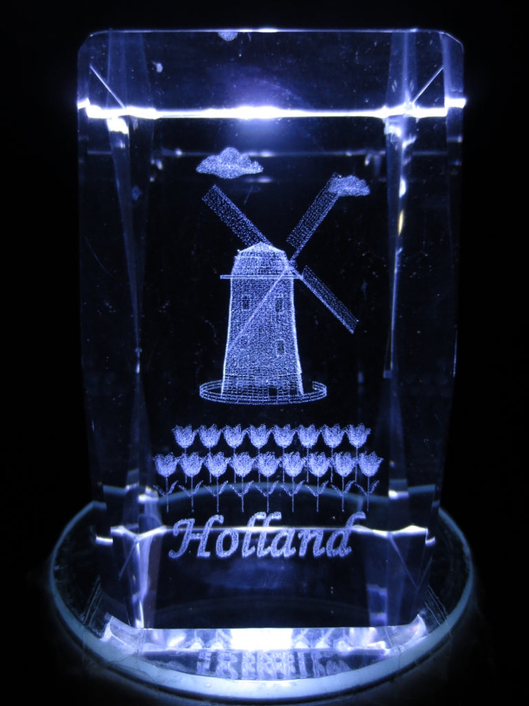 3D Crystal Laser Engraved Block – Windmill and Tulips