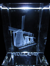 3D Kristal Lasergraveerblok – Holland met 3 Windmolens