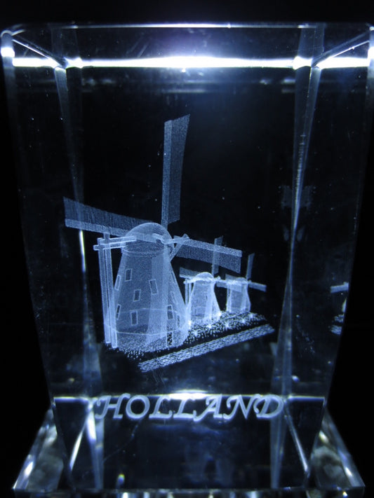 3D Kristal Lasergraveerblok – Holland met 3 Windmolens