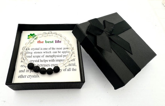 8 mm Bergkristal en Lavasteen Edelsteen Armband – Cadeaudoos Inclusief