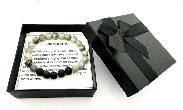 8mm Labradorite and Lava Stone Gemstone Bracelet – Gift Box Included