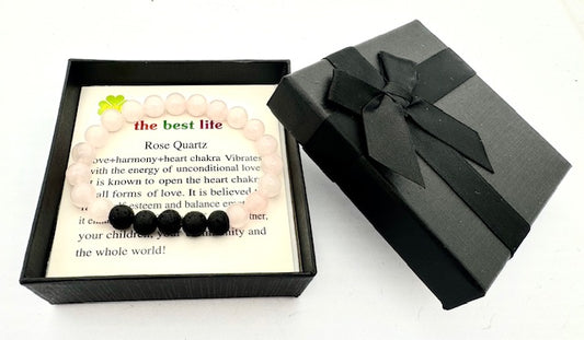 8 mm Rozenkwarts en Lavasteen Edelsteen Armband – Cadeaudoos Inclusief