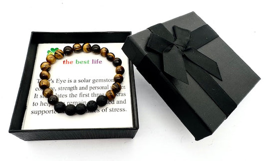 8 mm Tijgeroog en Lavasteen Edelsteen Armband – Cadeaudoos Inclusief