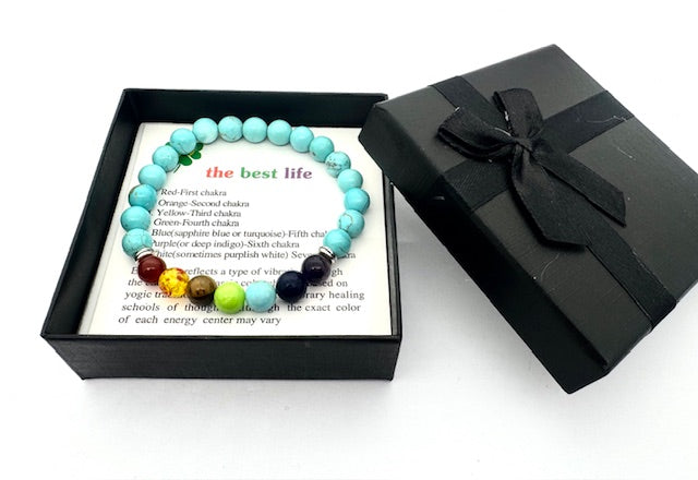 8mm 7-Chakra Turquoise Gemstone Bracelet – Gift Box Included