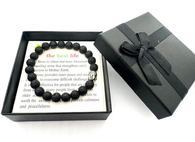 8mm Boeddha Lavasteen Armband – Inclusief Cadeaubox