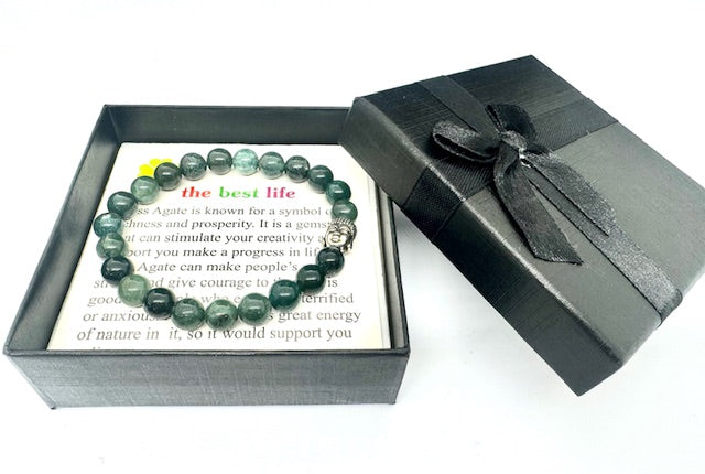 8mm Boeddha Mos Agaat Armband – Inclusief Cadeaubox
