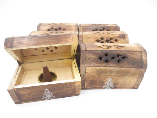 Antieke houten wierookkegeldoos - Boeddha (6 stuks)