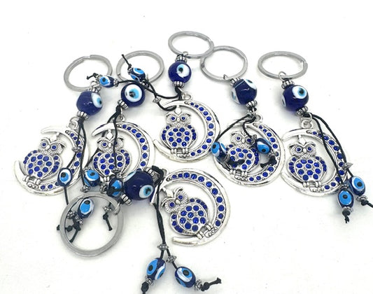 Blaues Schlüsselanhänger-Set „Böser Blick“ met Eule auf Mond (6 Stück)