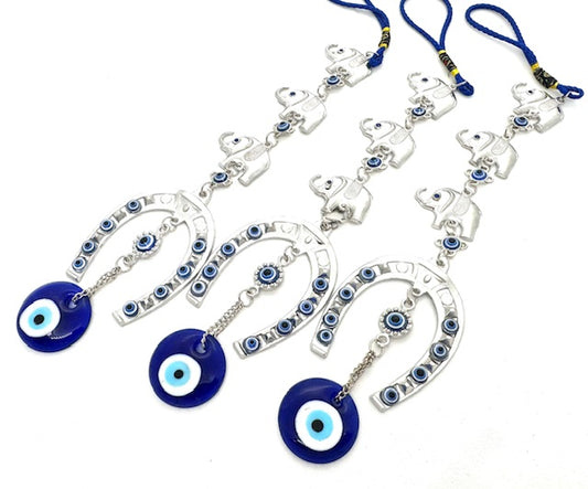 Blauwe Boze Oog Hanger met 3 Olifanten, Set van 3