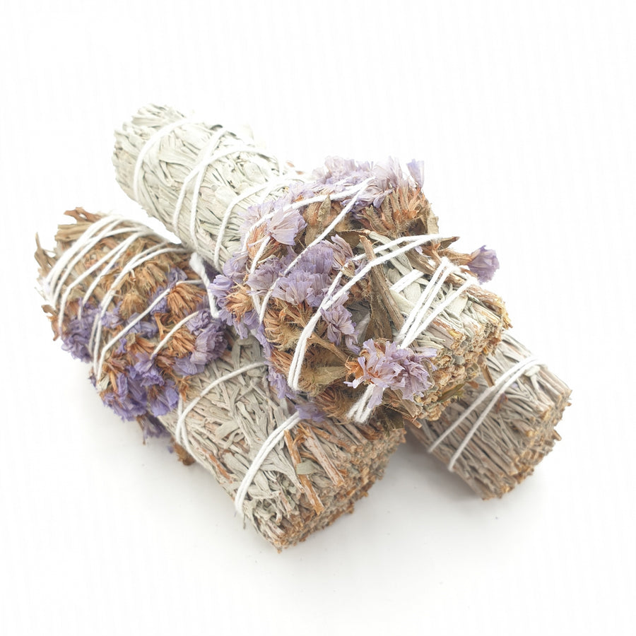 Blue Sage &amp; Statice Sinuata Smudge Stick Bundle 12 cm (3x 40 - 50 Gramm)  [CF-09]