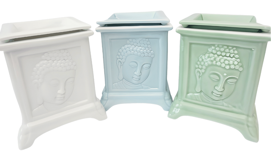 Buddha oliebrander luxe set van 3 – jade, lichtblauw &amp; wit
