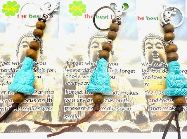 Boeddha Sleutelhanger met Houten Kralen - Turkoois