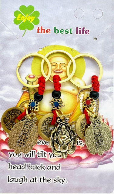 Geluksmunten Boeddha op Lotus Sleutelhanger (Goud)