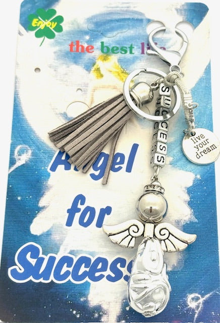Grijse "SUCCESS" Angel Sleutelhanger met Tassel