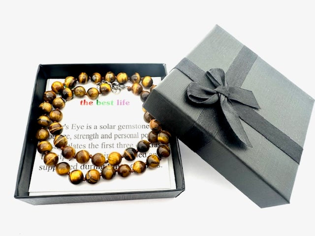 Groothandel – 8 mm Tijgeroog Kralenketting (met doosje)