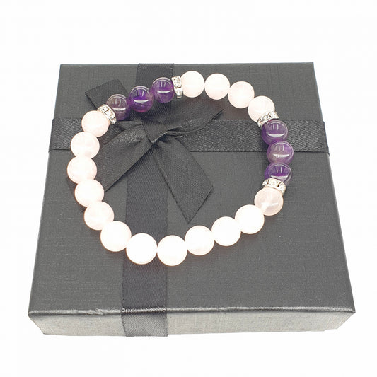 8mm Armband met Cadeaudoos - Rozenkwarts en Diamant
