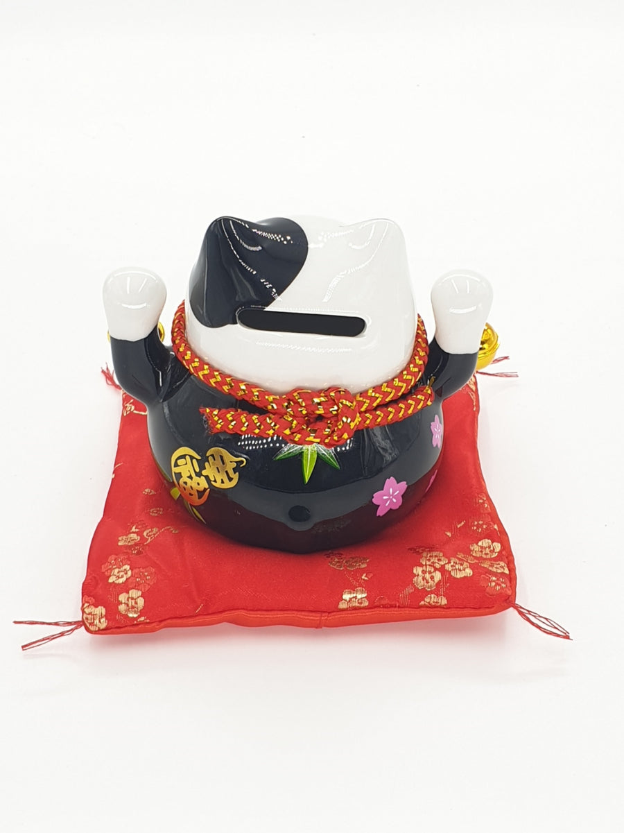 Lucky Cat Spaarpot op Kussen met 2 Bellen (Zwart)