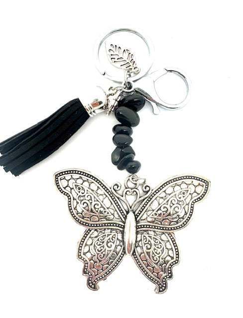 Groothandel Vlinder Sleutelhanger met Onyxstenen &amp; Zwarte Kwast