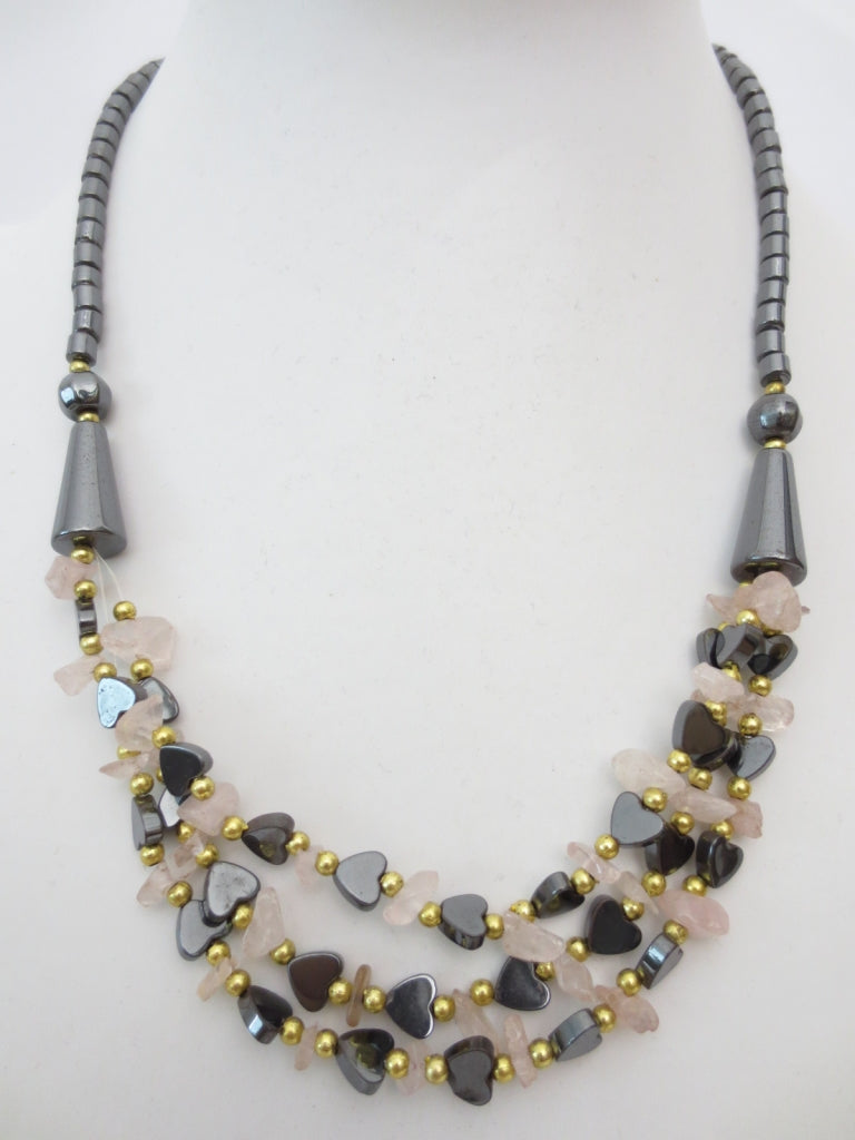 Hmatit-Kette mit Herz en Rosenquarz