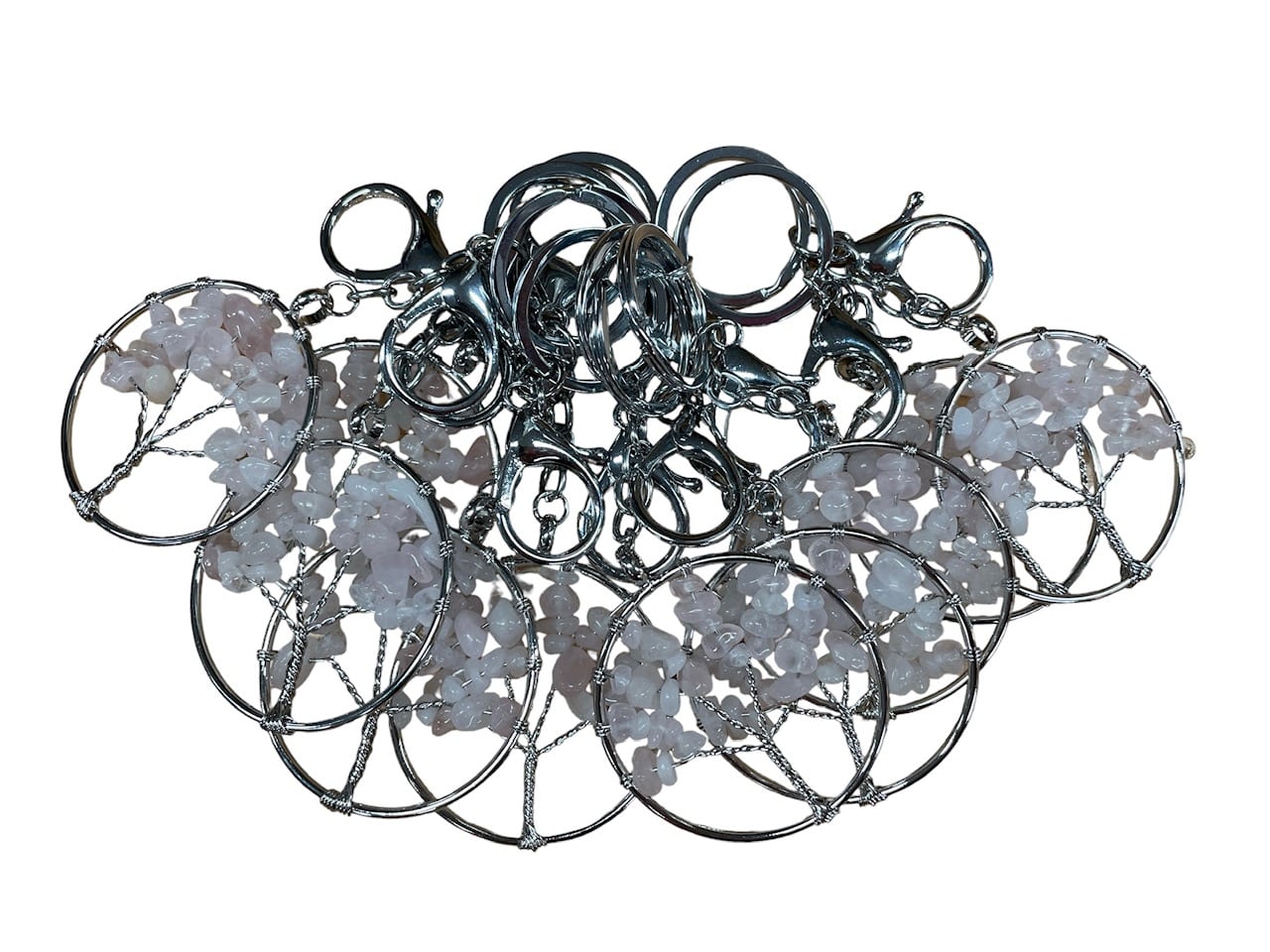 Lebensbaum-Schlüsselanhänger mit Rosenquarz-Edelsteinen"