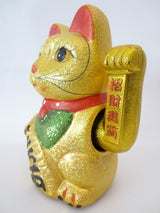 Gelukskat Glitter Gouden met Beweegbare Arm (Groot)
