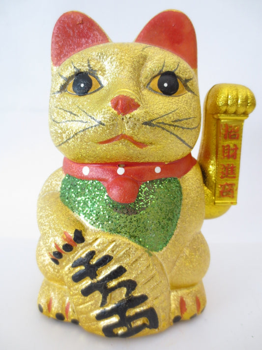 Gelukskat Glitter Gouden met Beweegbare Arm (Groot)
