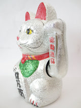 Gelukskat Glitter Zilver met Beweegbare Arm (Groot)