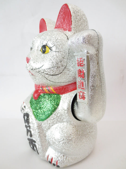 Gelukskat Glitter Zilver met Beweegbare Arm (Groot)