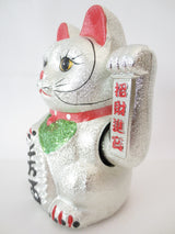 Gelukskat Glitter Zilver met Beweegbare Arm (Klein)