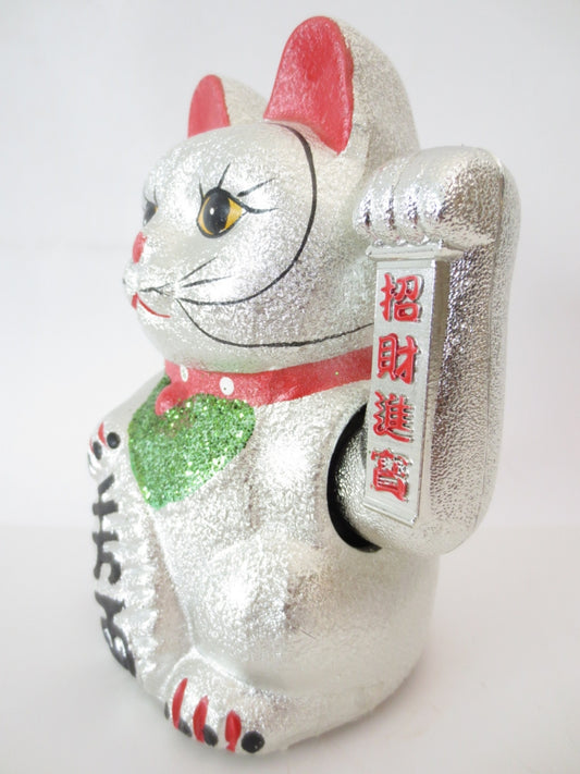 Gelukskat Glitter Zilver met Beweegbare Arm (Klein)