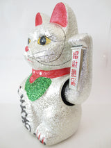 Gelukskat Glitter Zilver met Beweegbare Arm (Medium)
